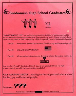 Bright red flyer about alumni support group for gay and lesbian graduates of Snohomish High School